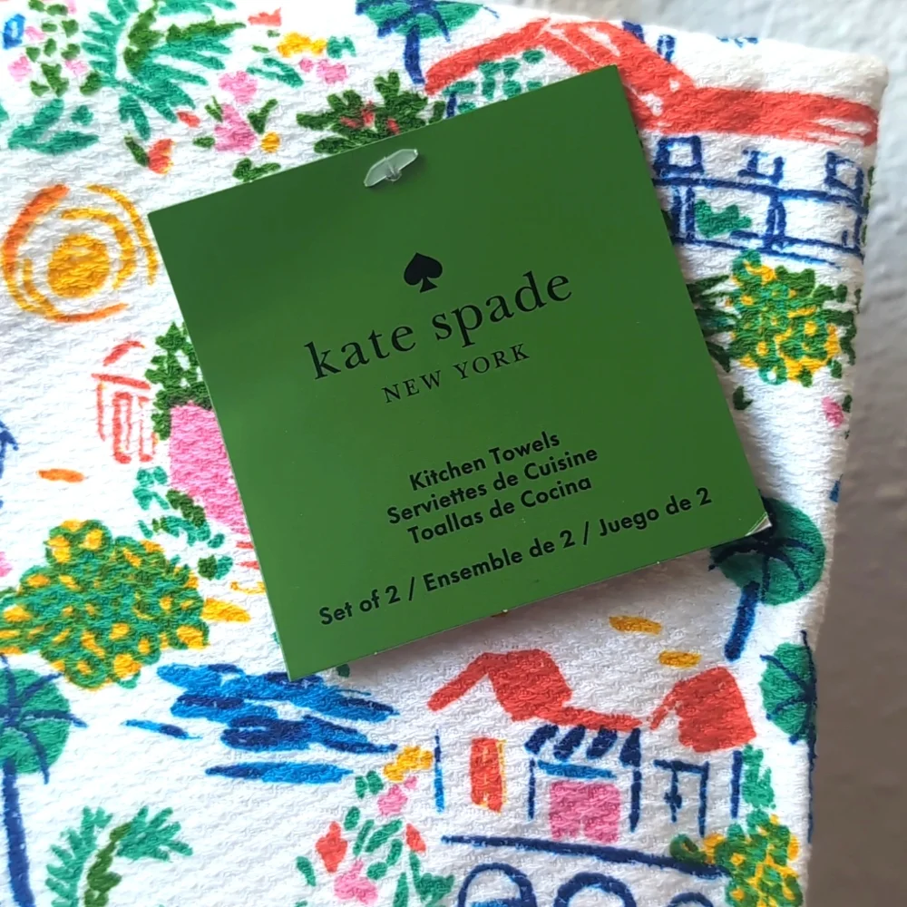 NWT Kate Spade Buildings and Floral Pattern 100% Cotton Kitchen Towel Set of 2
